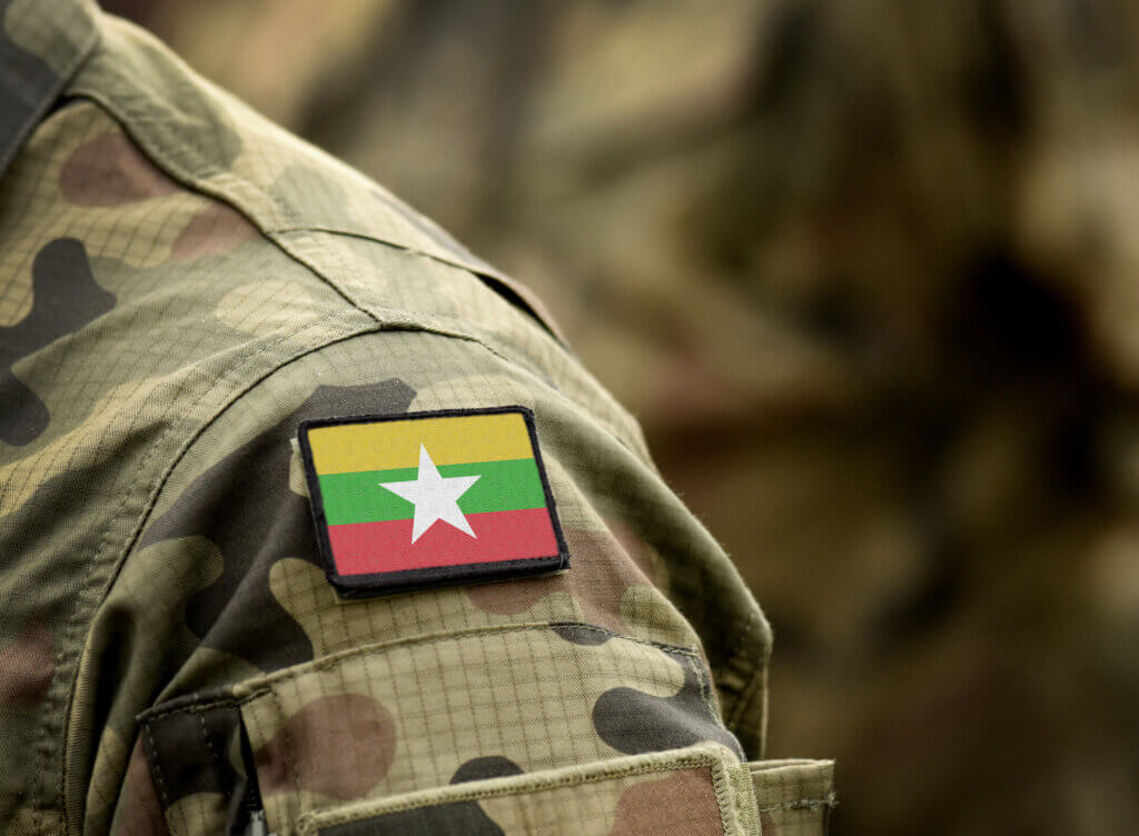 A flag of Myanmar on a military uniform